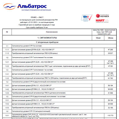 Прайс-лист Альбатрос